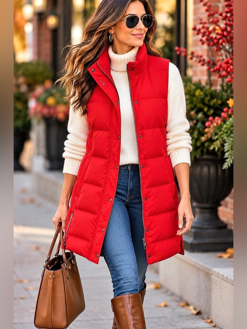 J.Jill Red Down Puffer Vest XS Longline Quilted Side Zip Winter